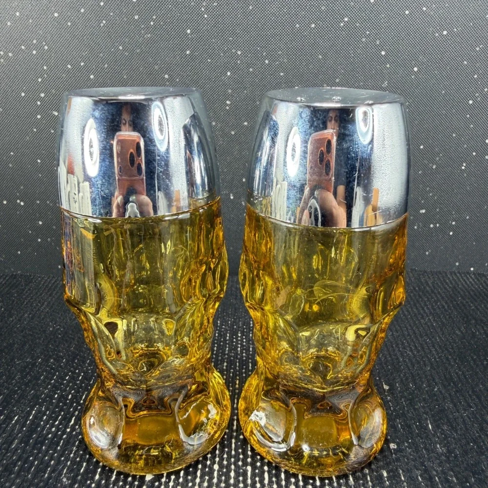 Anchor Hocking Amber Glass Salt and Pepper Shakers Chrome Tops Mid Century